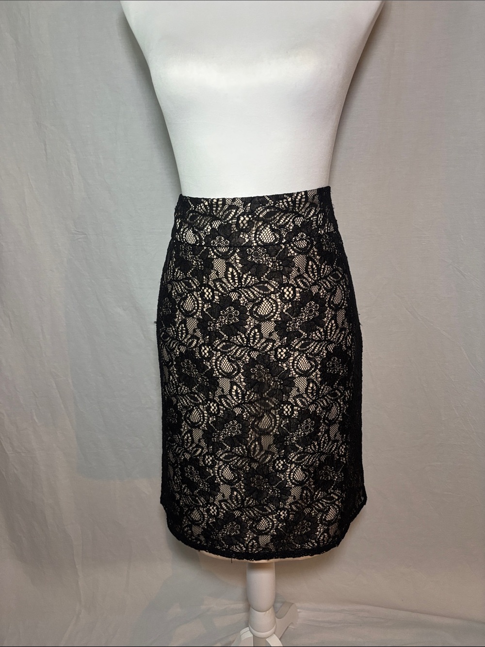 New York & Company Black Lace Pencil Bodycon Skirt with Nude Underlay